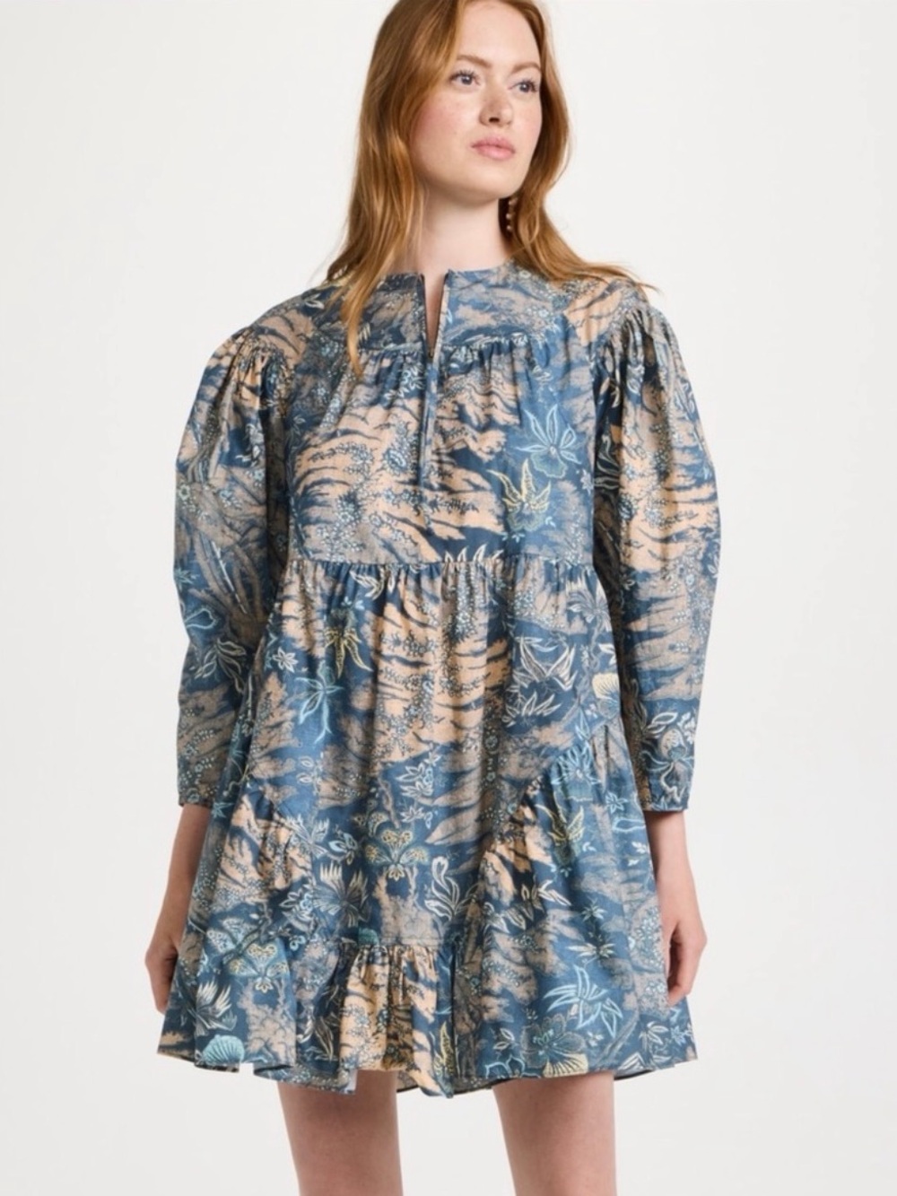Ulla Johnson Blue and Cream Floral Puff-Sleeve Tiered Mini Dress